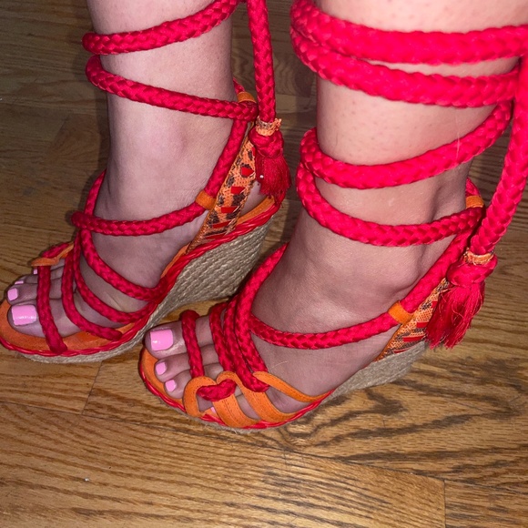 Vintage Dior Tahiti Gladiator Espadrille Sandals Orange Red Pre-Owned 37 1/2 - Picture 4 of 16